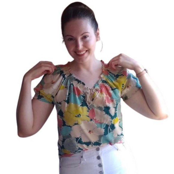 Joie | Colorful Abstract Retro-Inspired Floral Silk Peasant Blouse Top - Picture 2 of 6